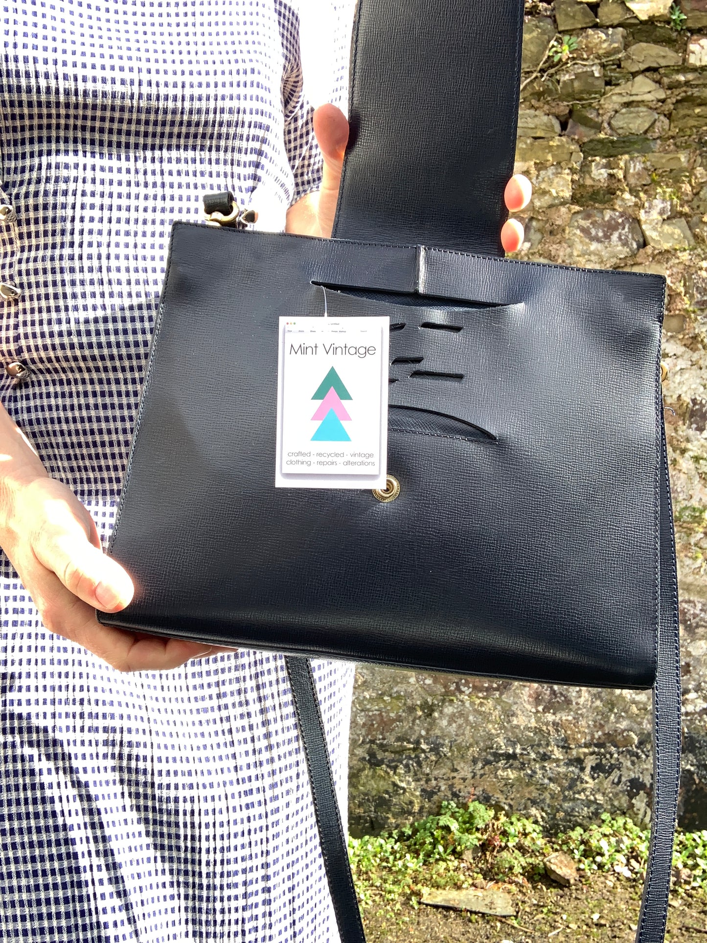 Vintage 1980’s navy leather blue square handbag