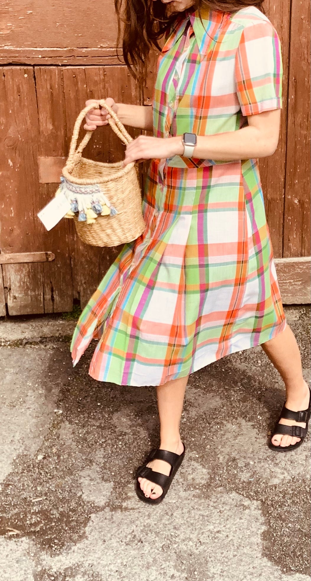 Vintage 1970’s orange/green cotton check shirt dress