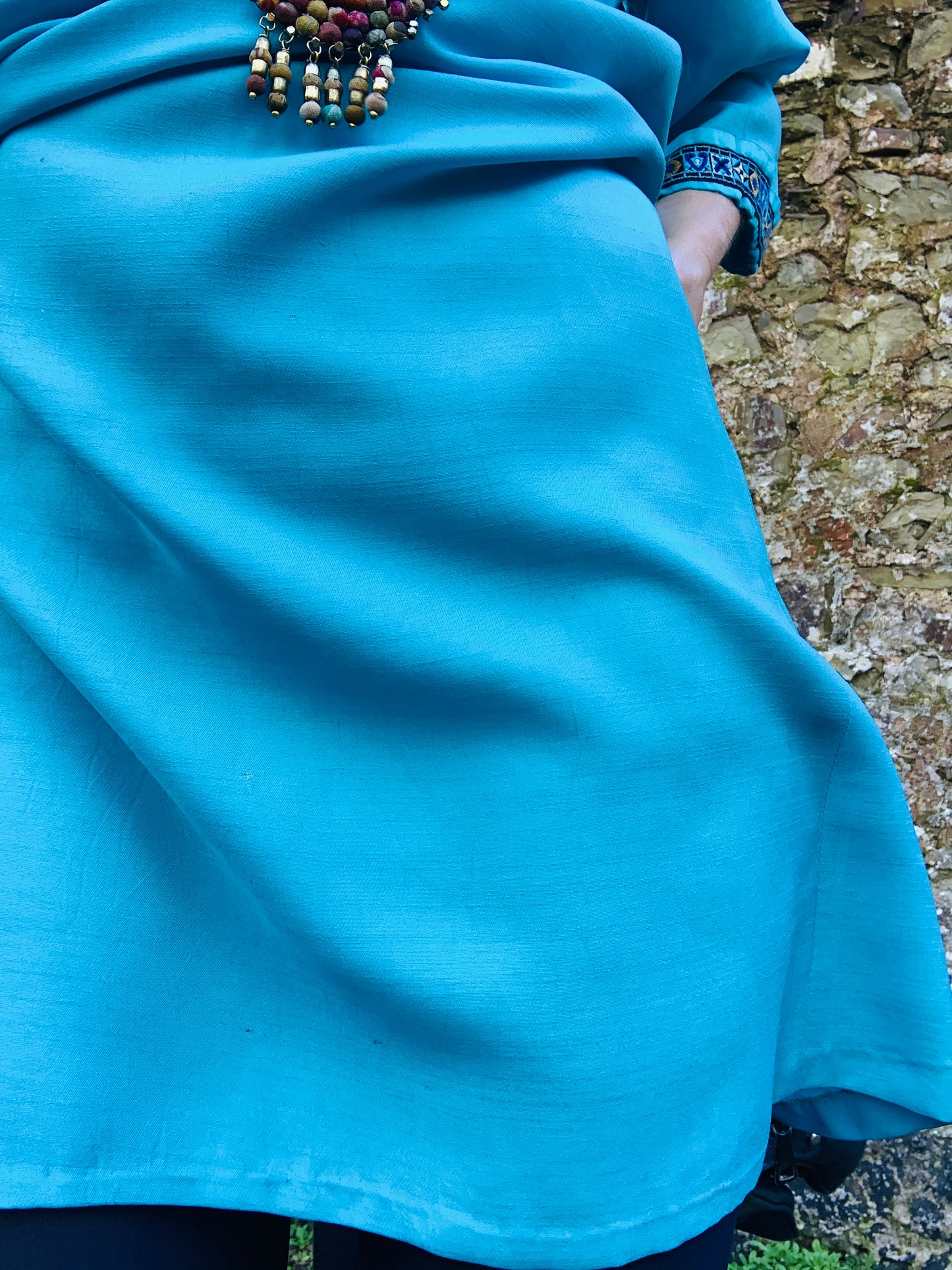 Vintage 1960’s handmade turquoise blue shift dress with embroidered trim