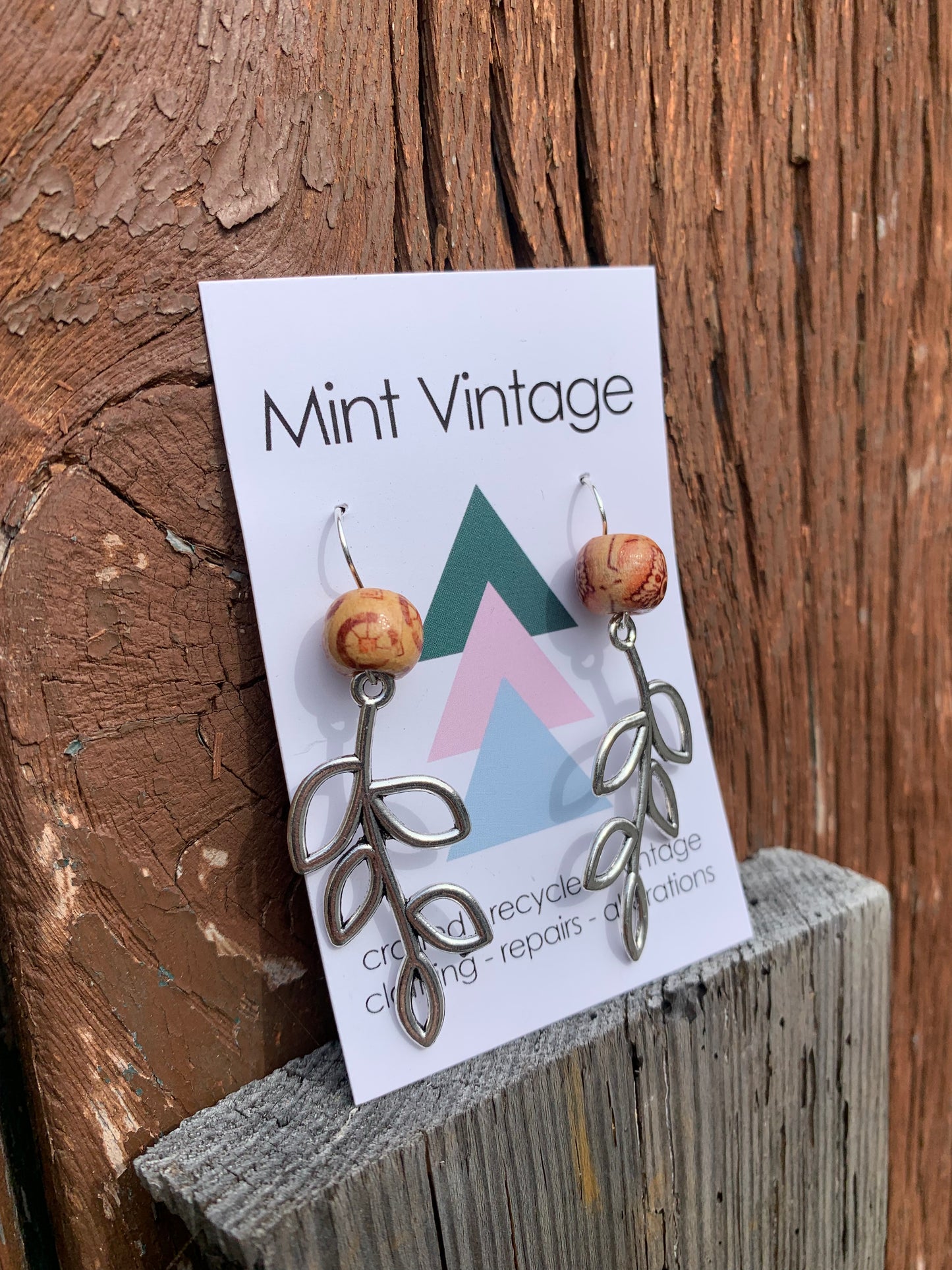 Handmade Tibetan silver leaf & wooden bead earrings