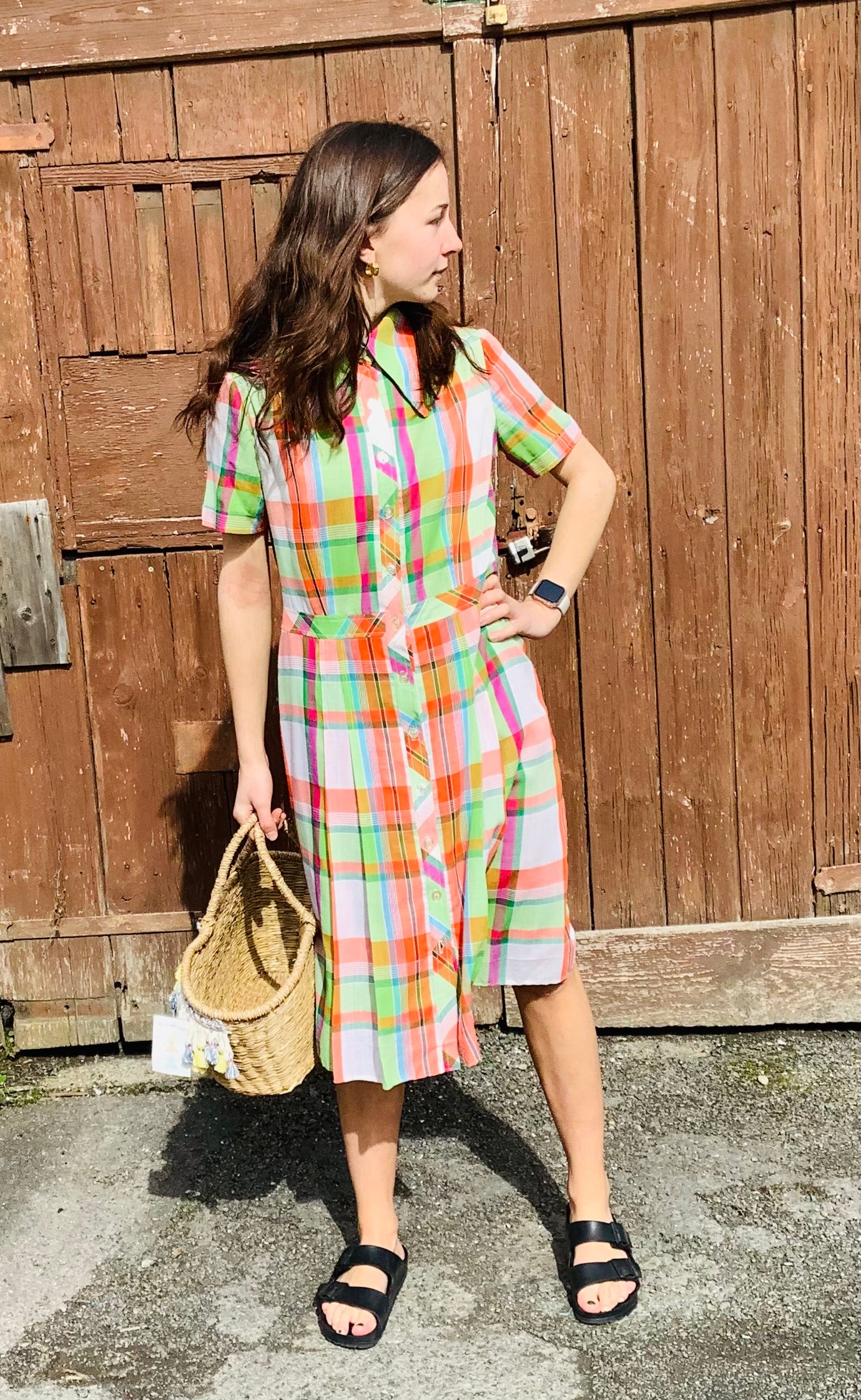 Vintage 1970’s orange/green cotton check shirt dress