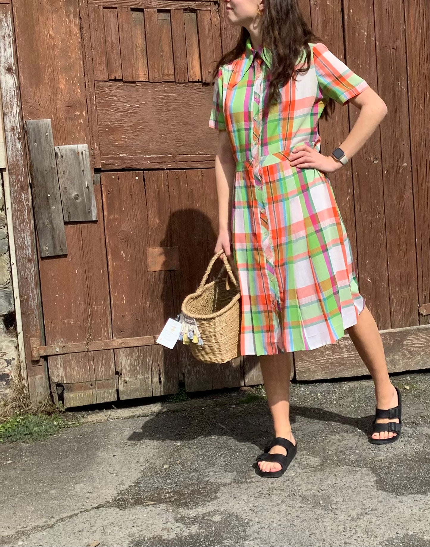 Vintage 1970’s orange/green cotton check shirt dress