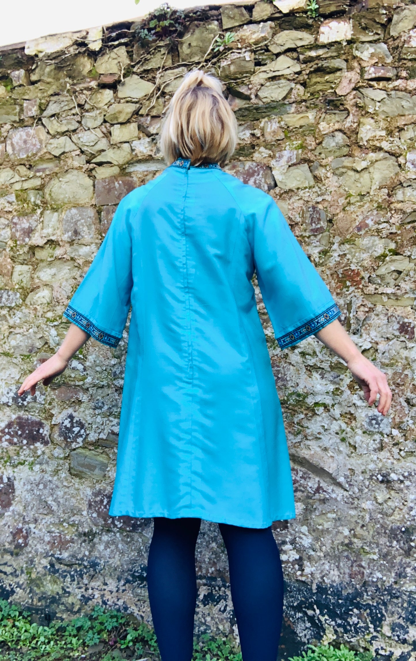 Vintage 1960’s handmade turquoise blue shift dress with embroidered trim