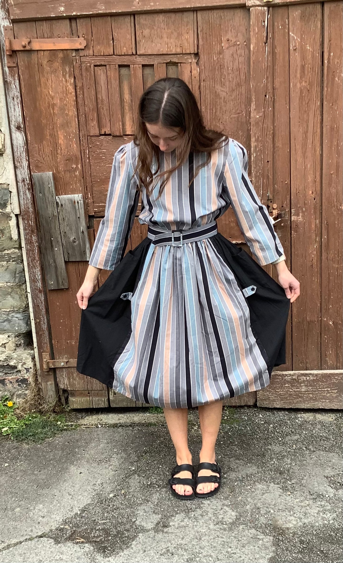 Vintage 1980’s grey stripe cotton midi dress