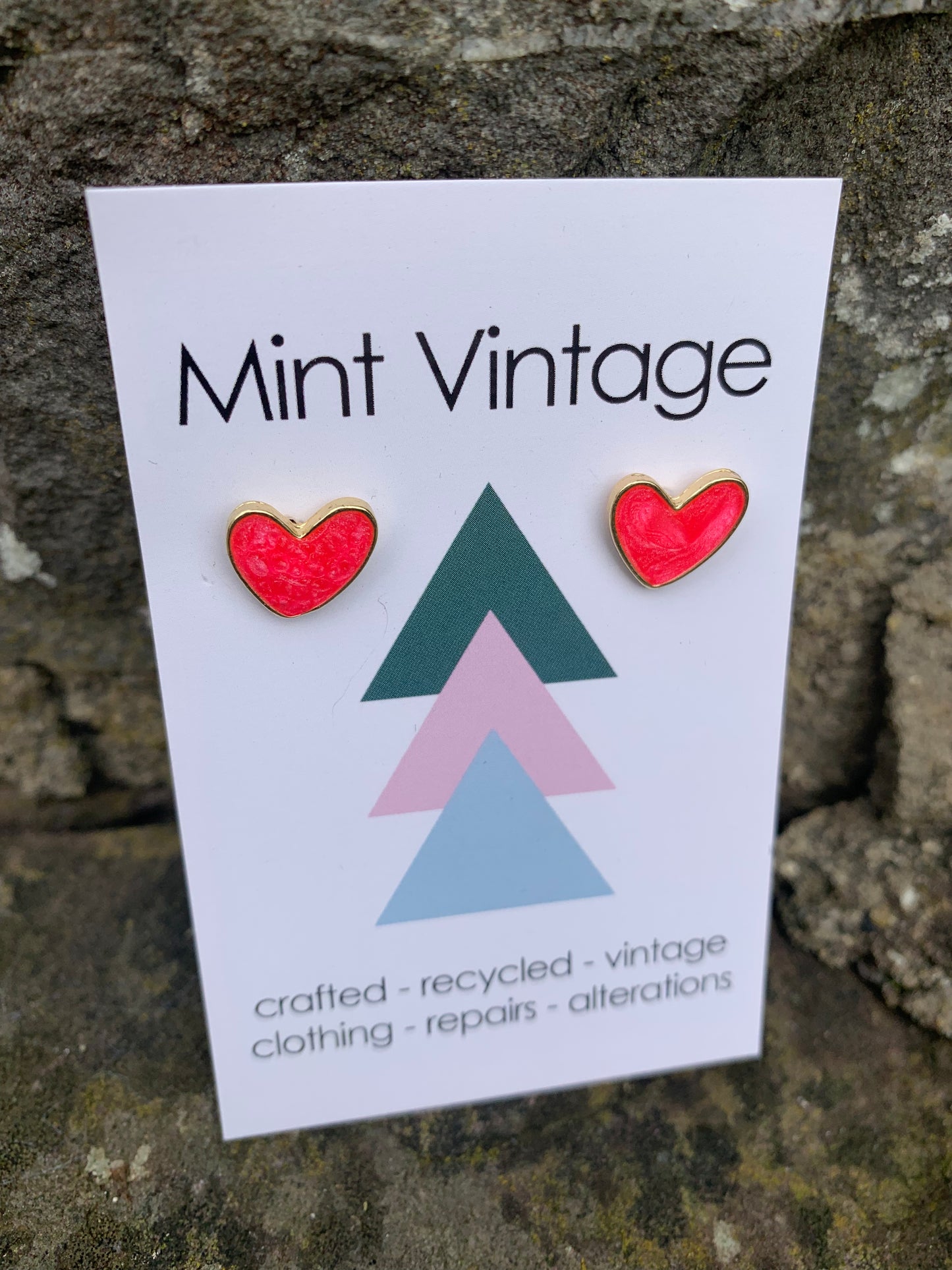 Pink enamel & gold heart stud earrings