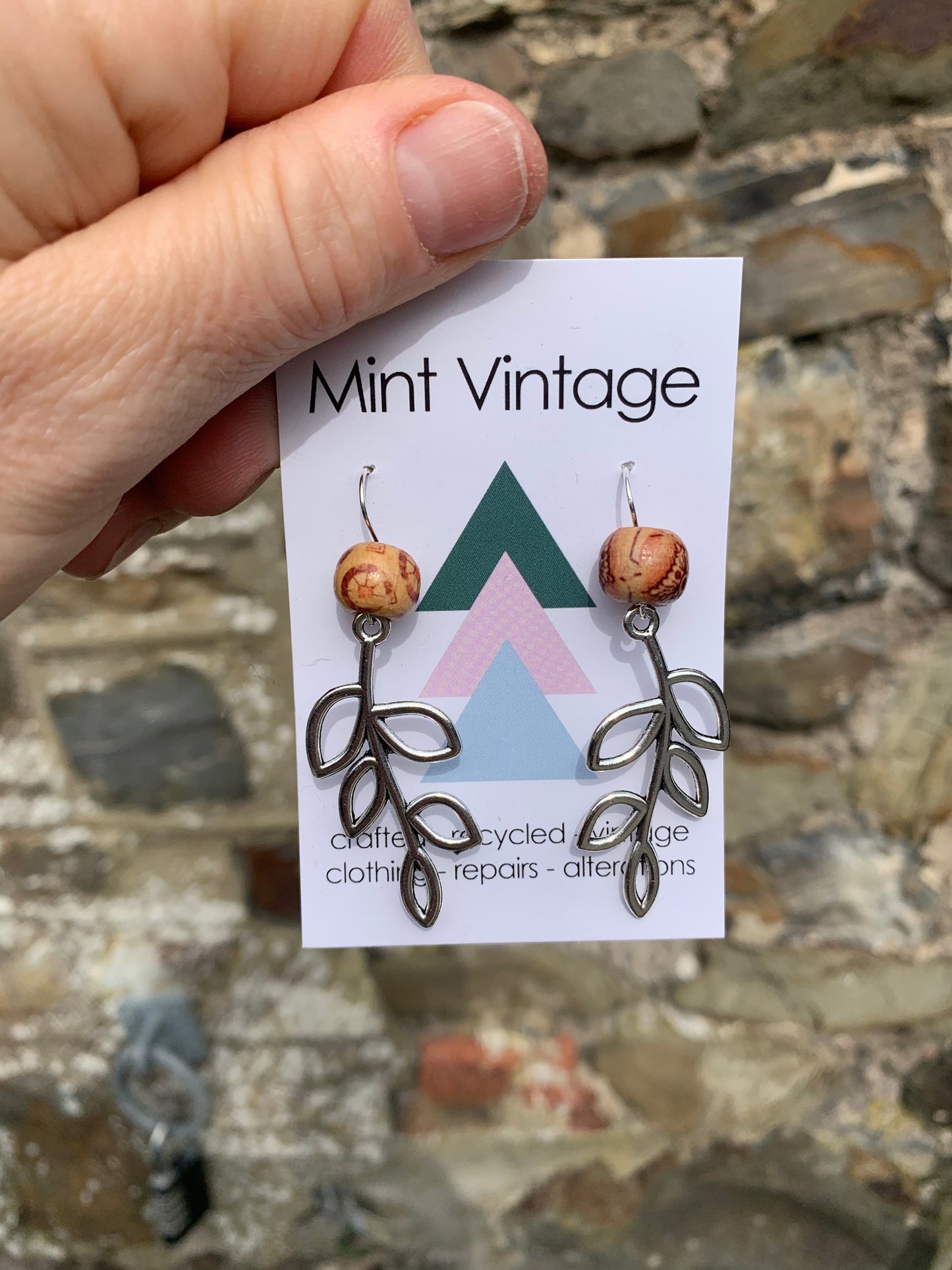 Handmade Tibetan silver leaf & wooden bead earrings