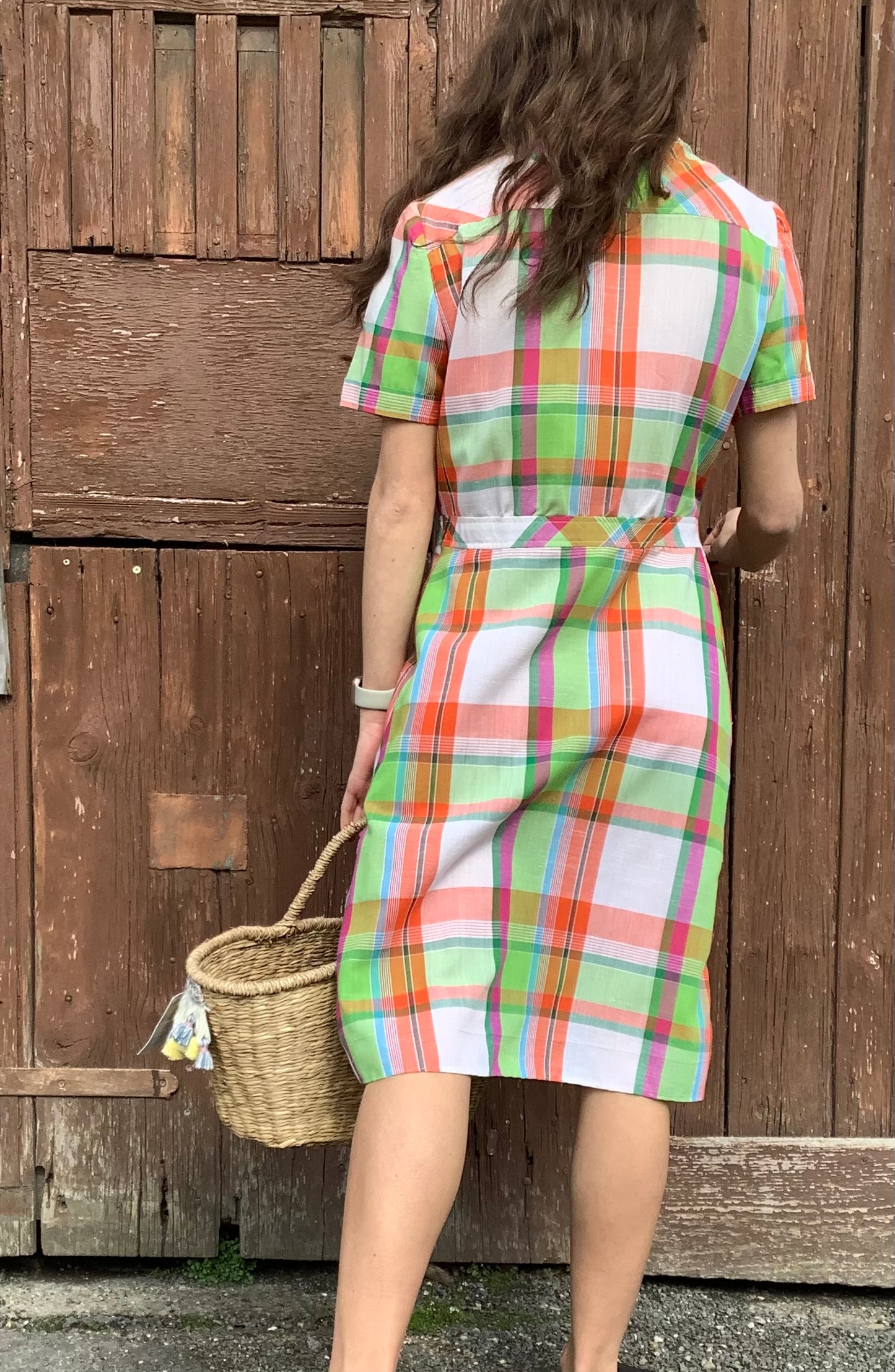 Vintage 1970’s orange/green cotton check shirt dress