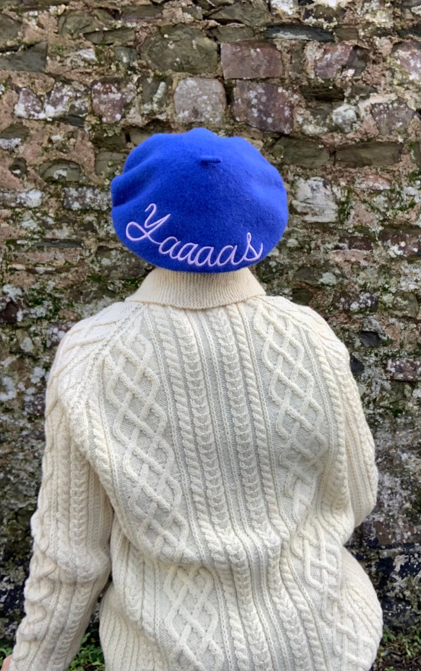Blue Wool beret with embroidered yaaaaaaaaaas message