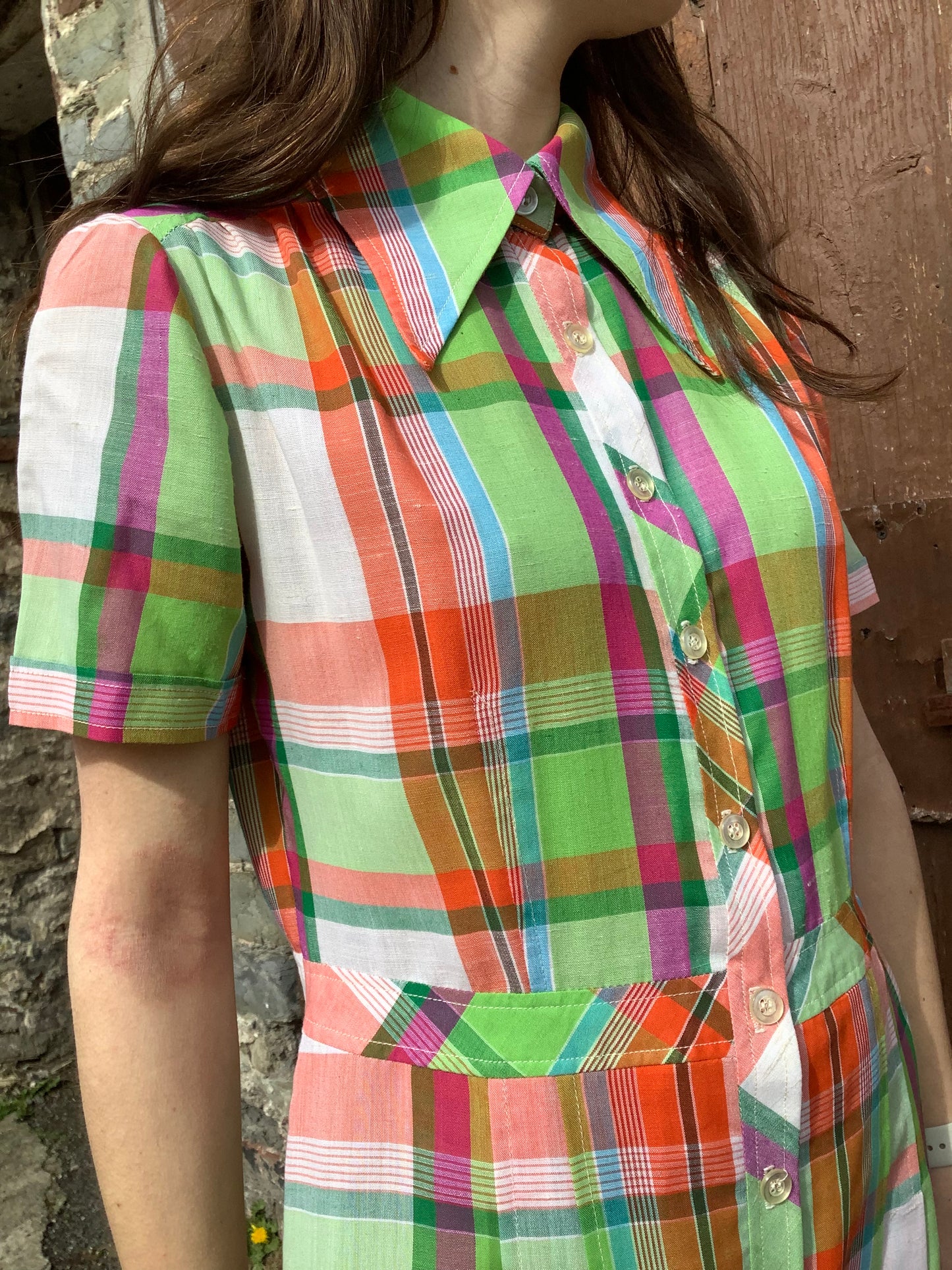 Vintage 1970’s orange/green cotton check shirt dress