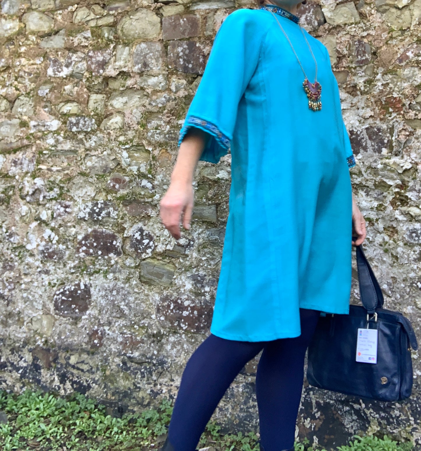 Vintage 1960’s handmade turquoise blue shift dress with embroidered trim