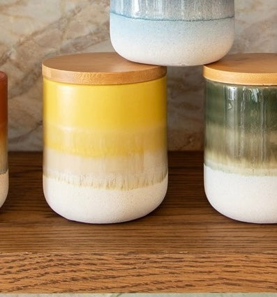 Sass and Belle yellow dip glaze boho style ceramic storage pot with wooden lid