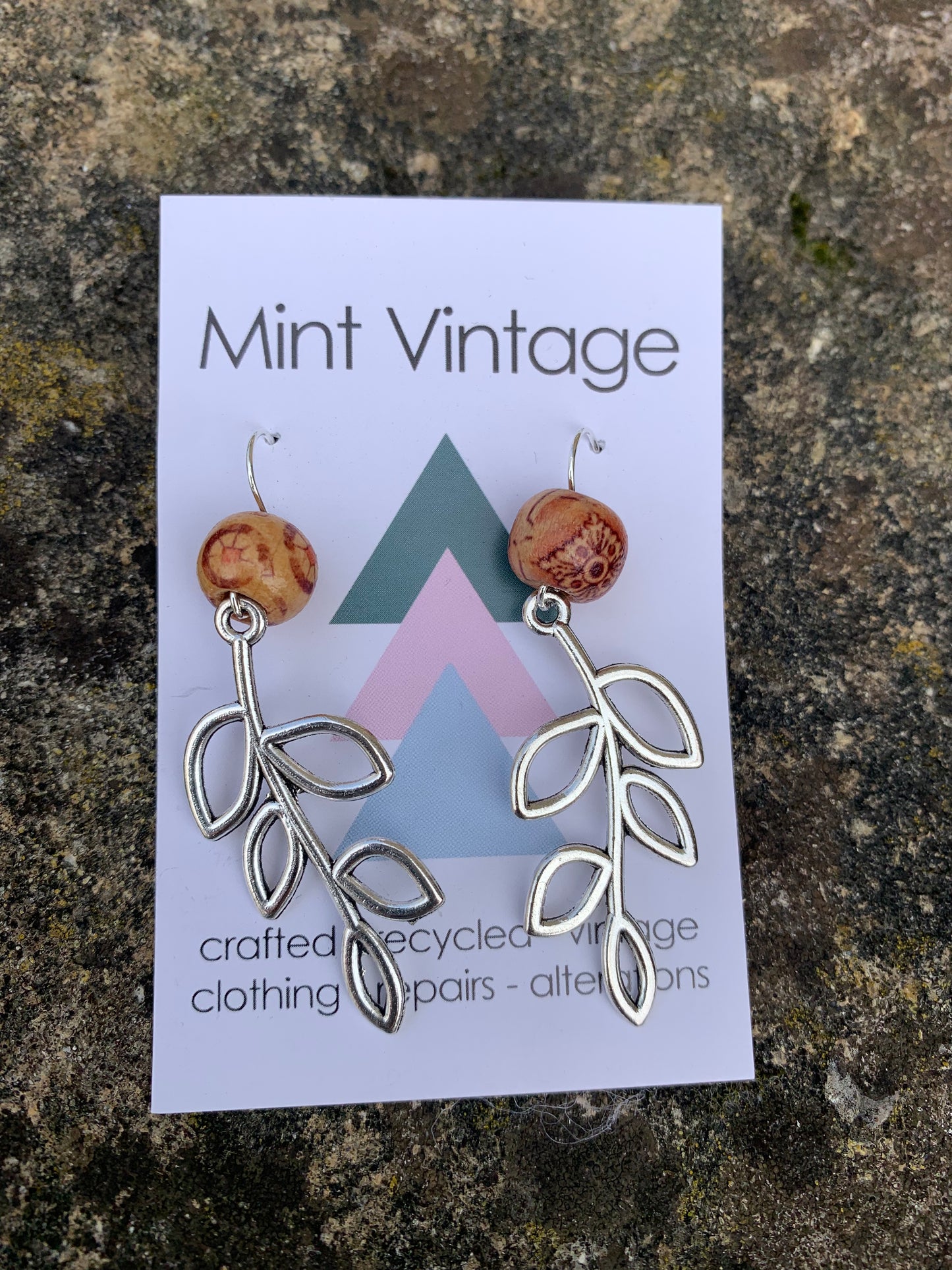 Handmade Tibetan silver leaf & wooden bead earrings