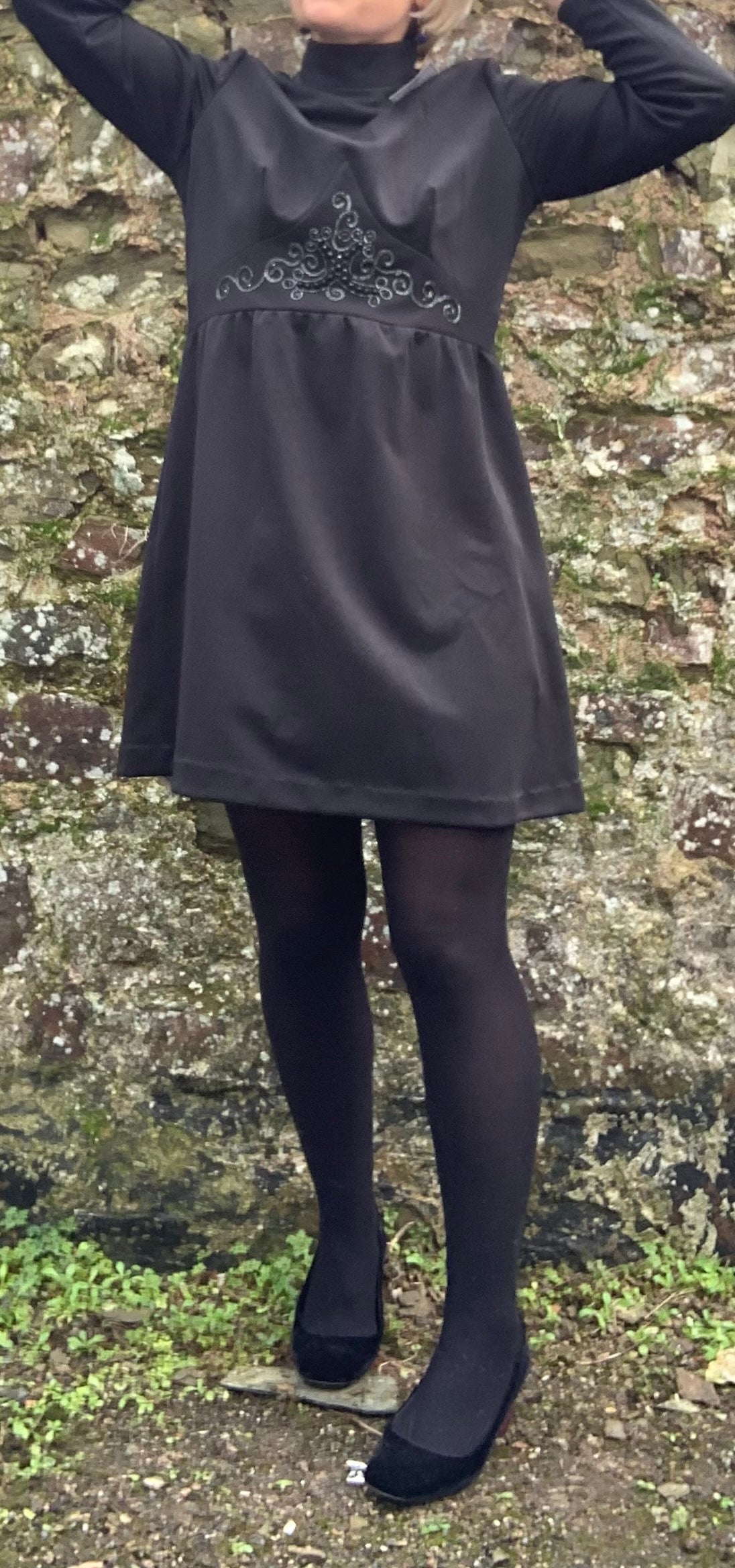 1960’s vintage black beaded crimplene mini dress