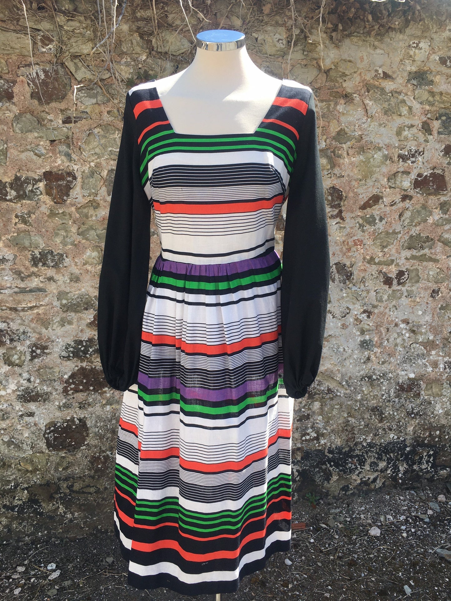 1970βs cotton colourful striped balloon sleeve midi dress
