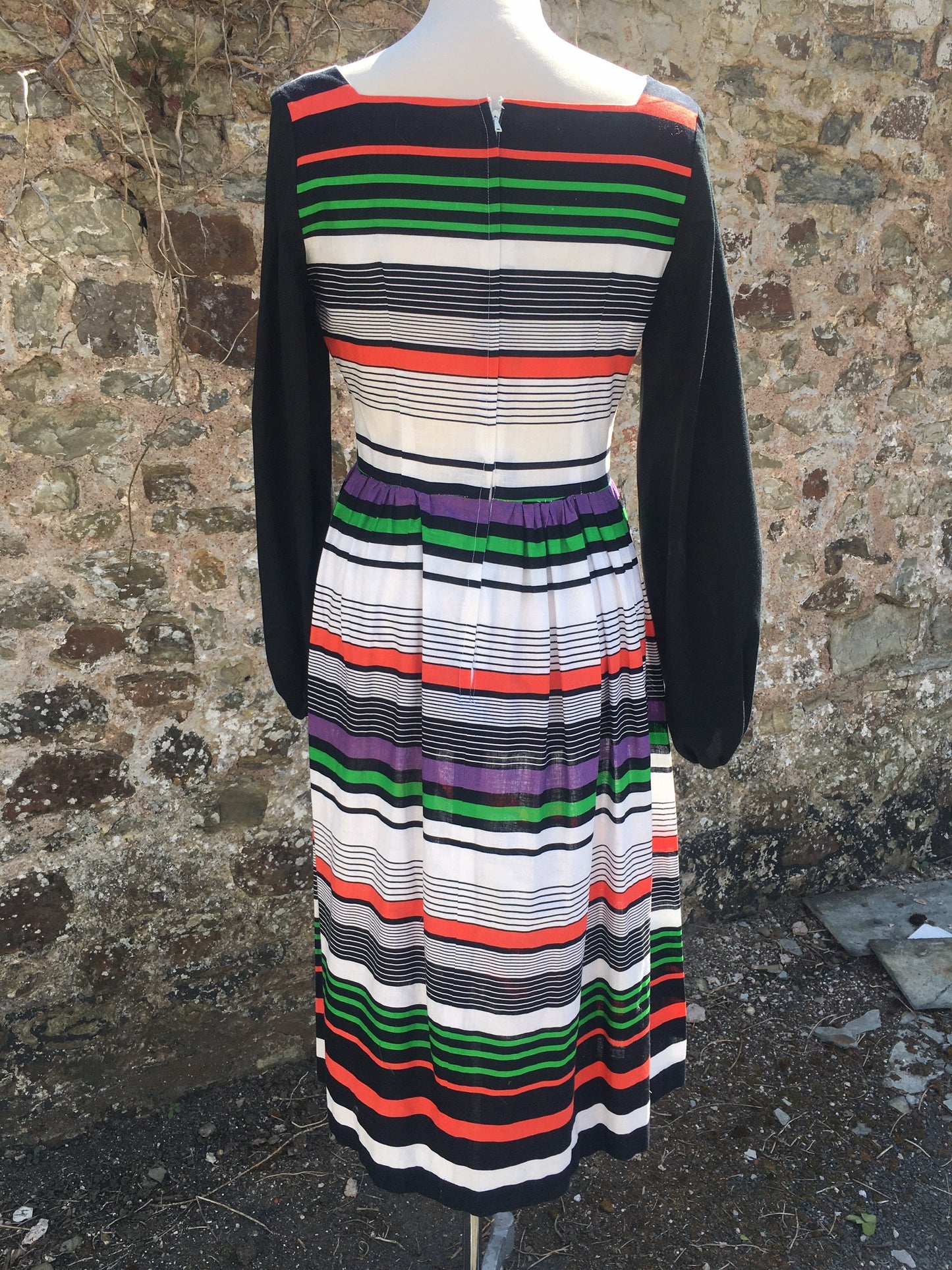 1970βs cotton colourful striped balloon sleeve midi dress
