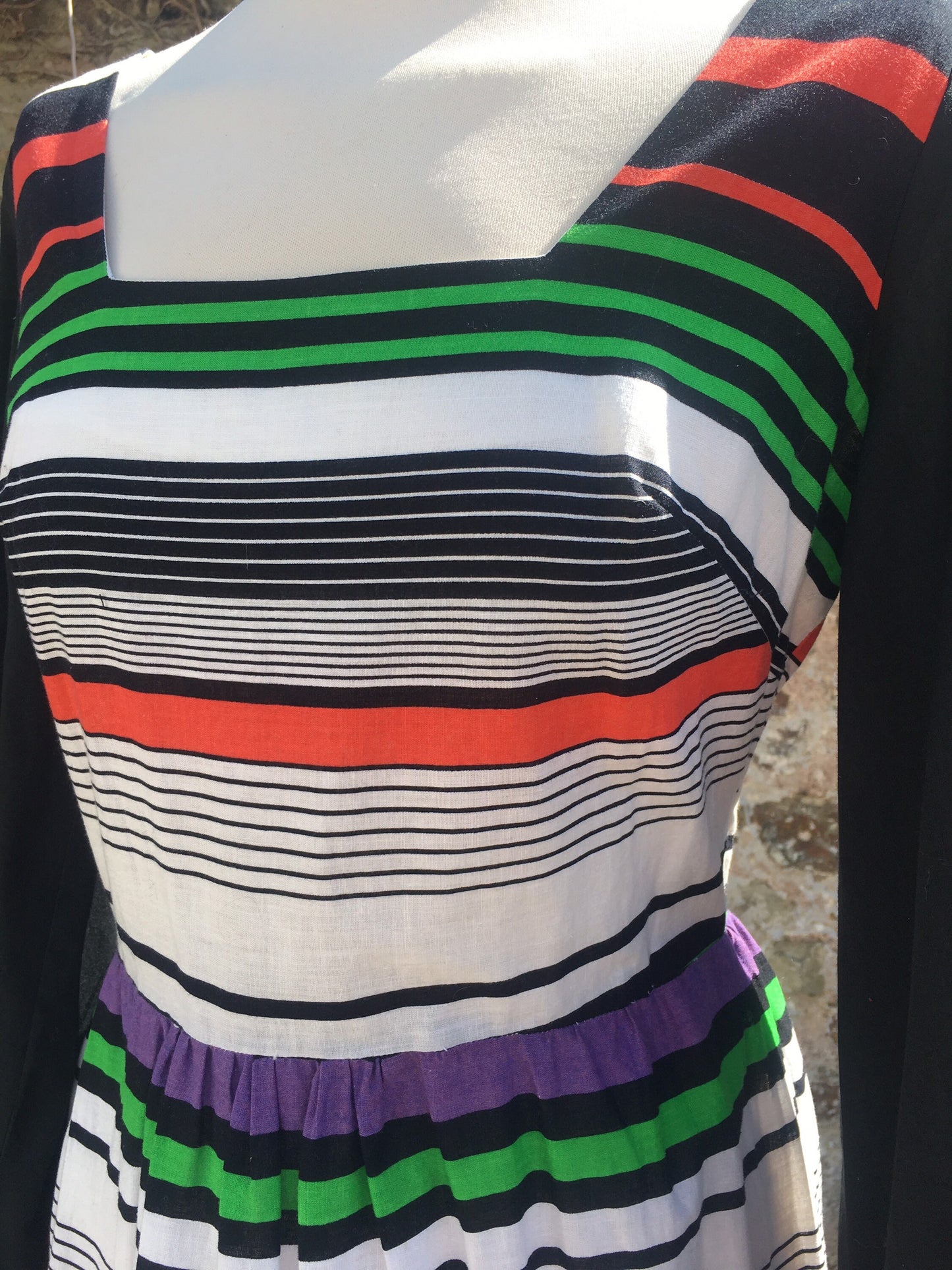 1970βs cotton colourful striped balloon sleeve midi dress