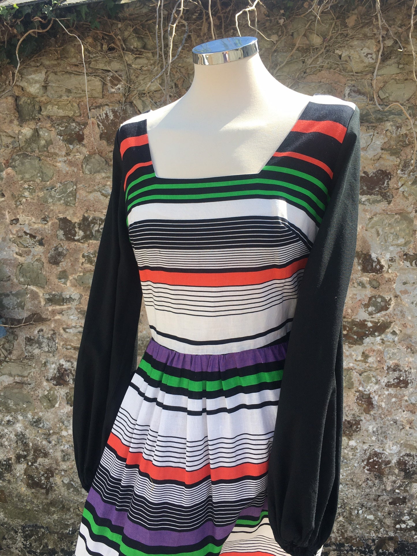 1970βs cotton colourful striped balloon sleeve midi dress