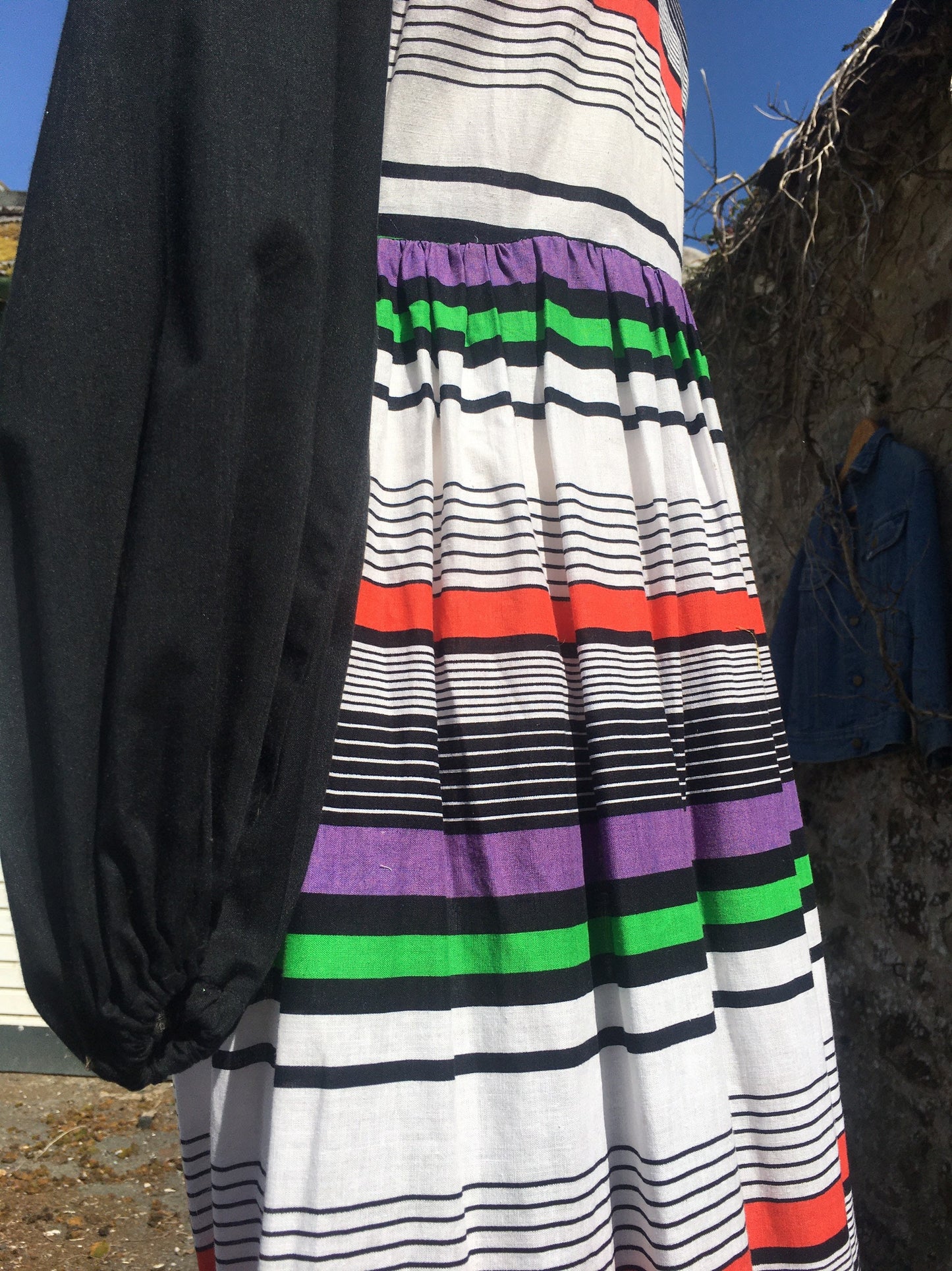 1970βs cotton colourful striped balloon sleeve midi dress