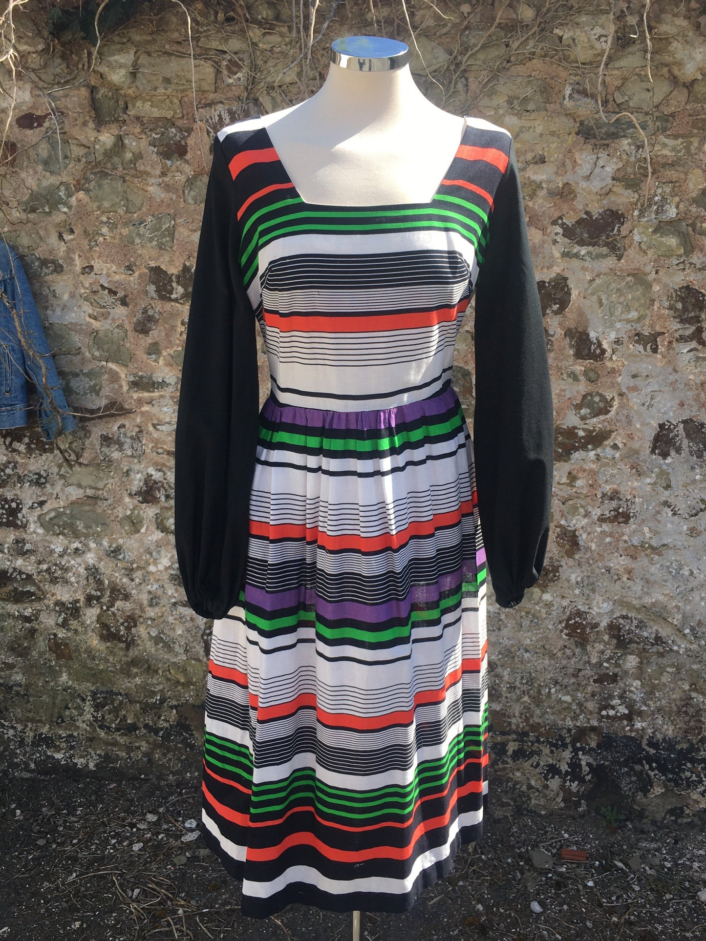 1970βs cotton colourful striped balloon sleeve midi dress