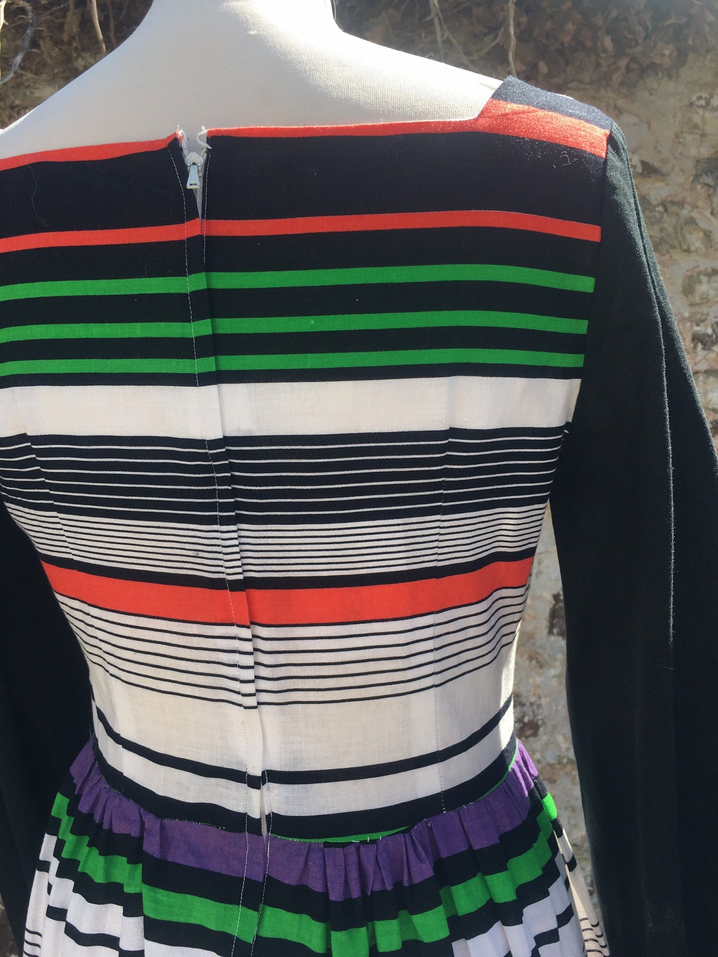 1970βs cotton colourful striped balloon sleeve midi dress