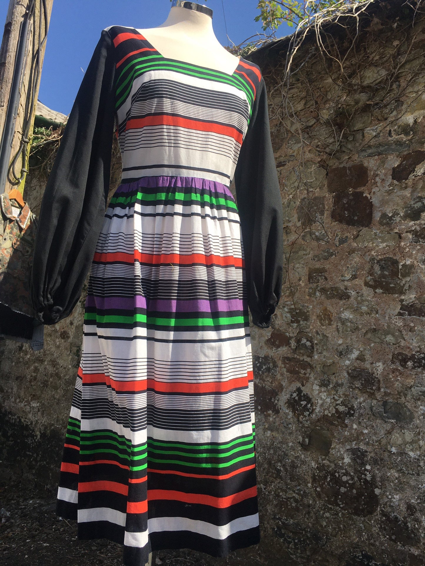 1970βs cotton colourful striped balloon sleeve midi dress