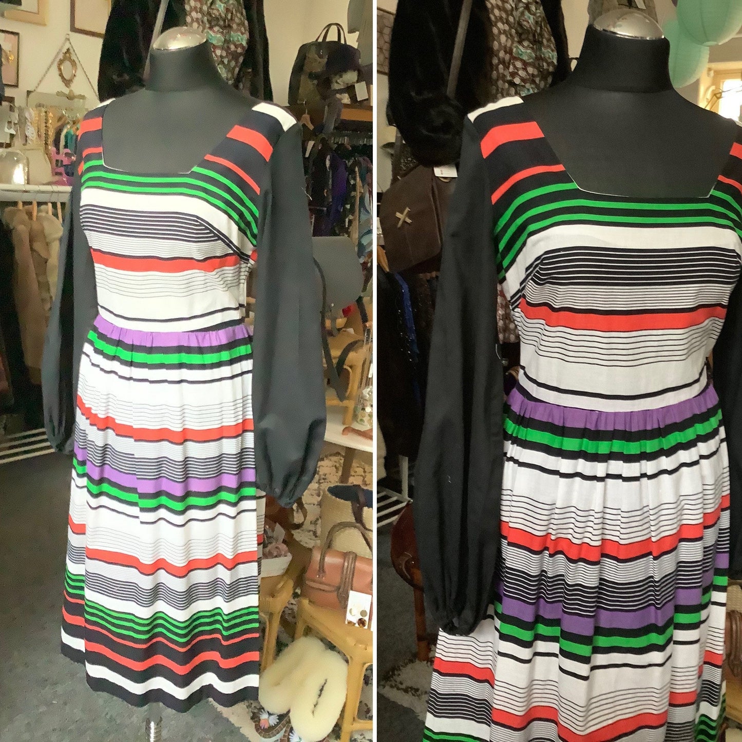 1970βs cotton colourful striped balloon sleeve midi dress