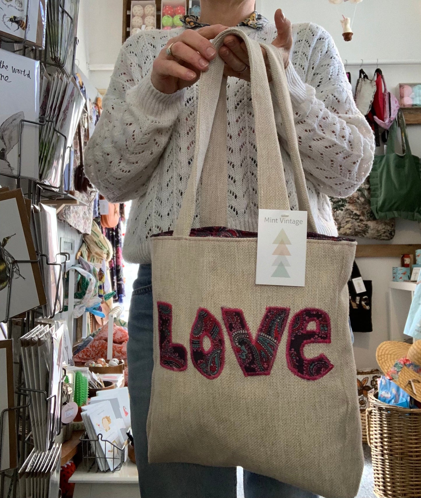 Handmade appliqué LOVE tote bag made from repurposed vintage textiles