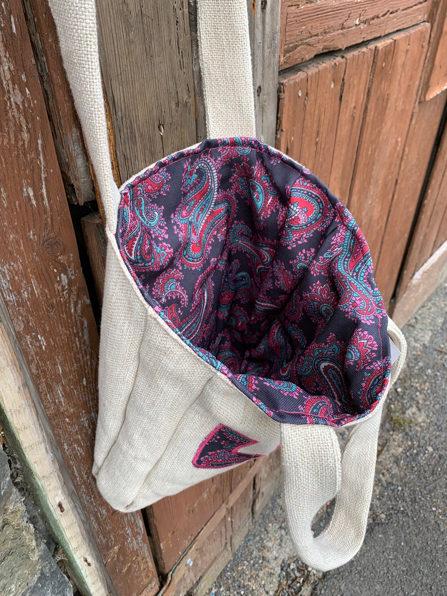 Handmade appliqué LOVE tote bag made from repurposed vintage textiles