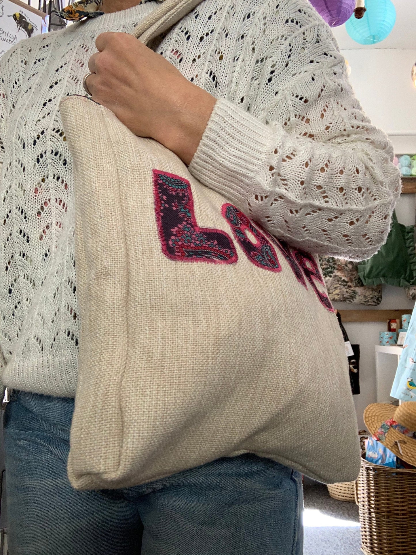 Handmade appliqué LOVE tote bag made from repurposed vintage textiles