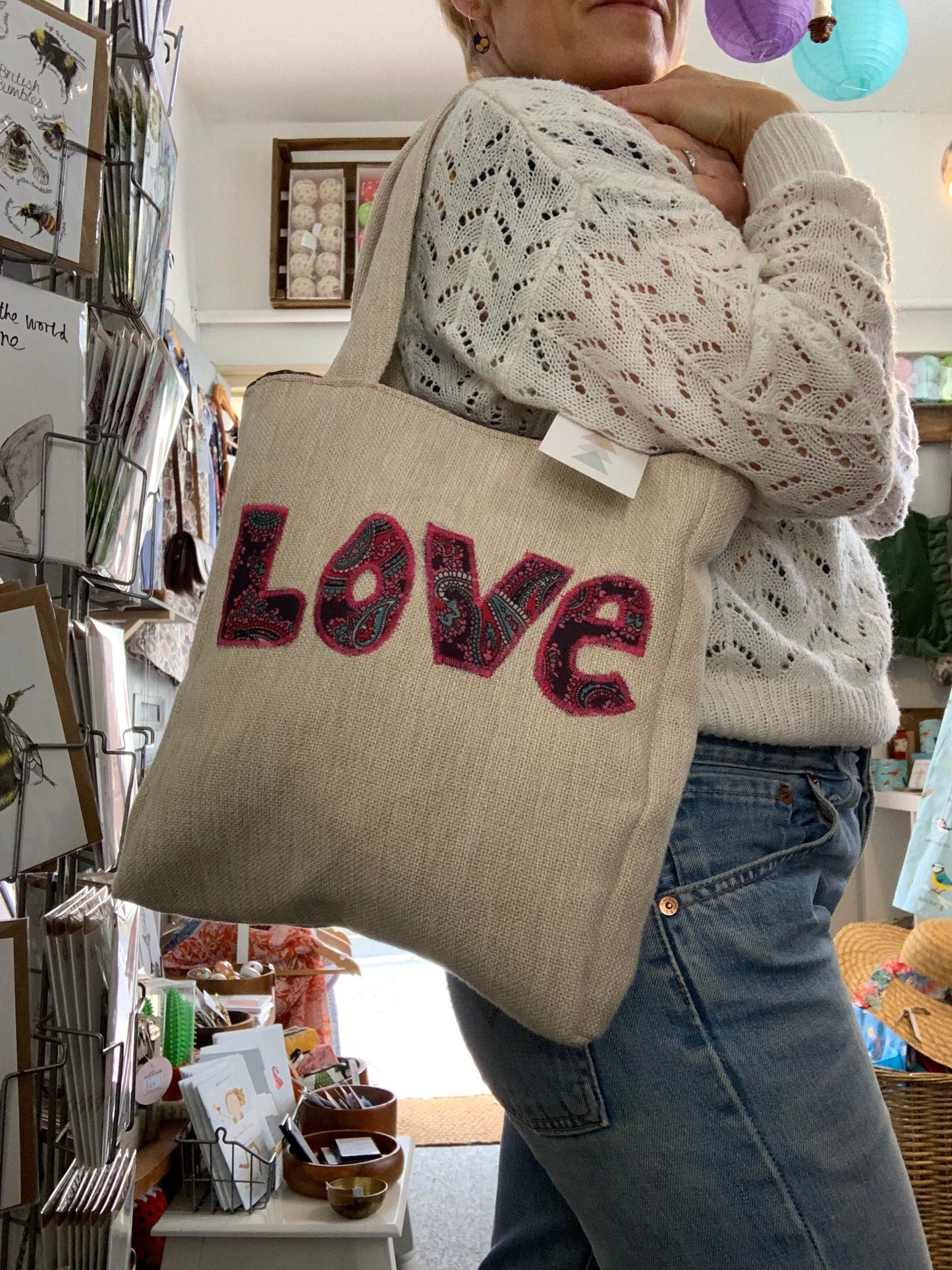 Handmade appliqué LOVE tote bag made from repurposed vintage textiles