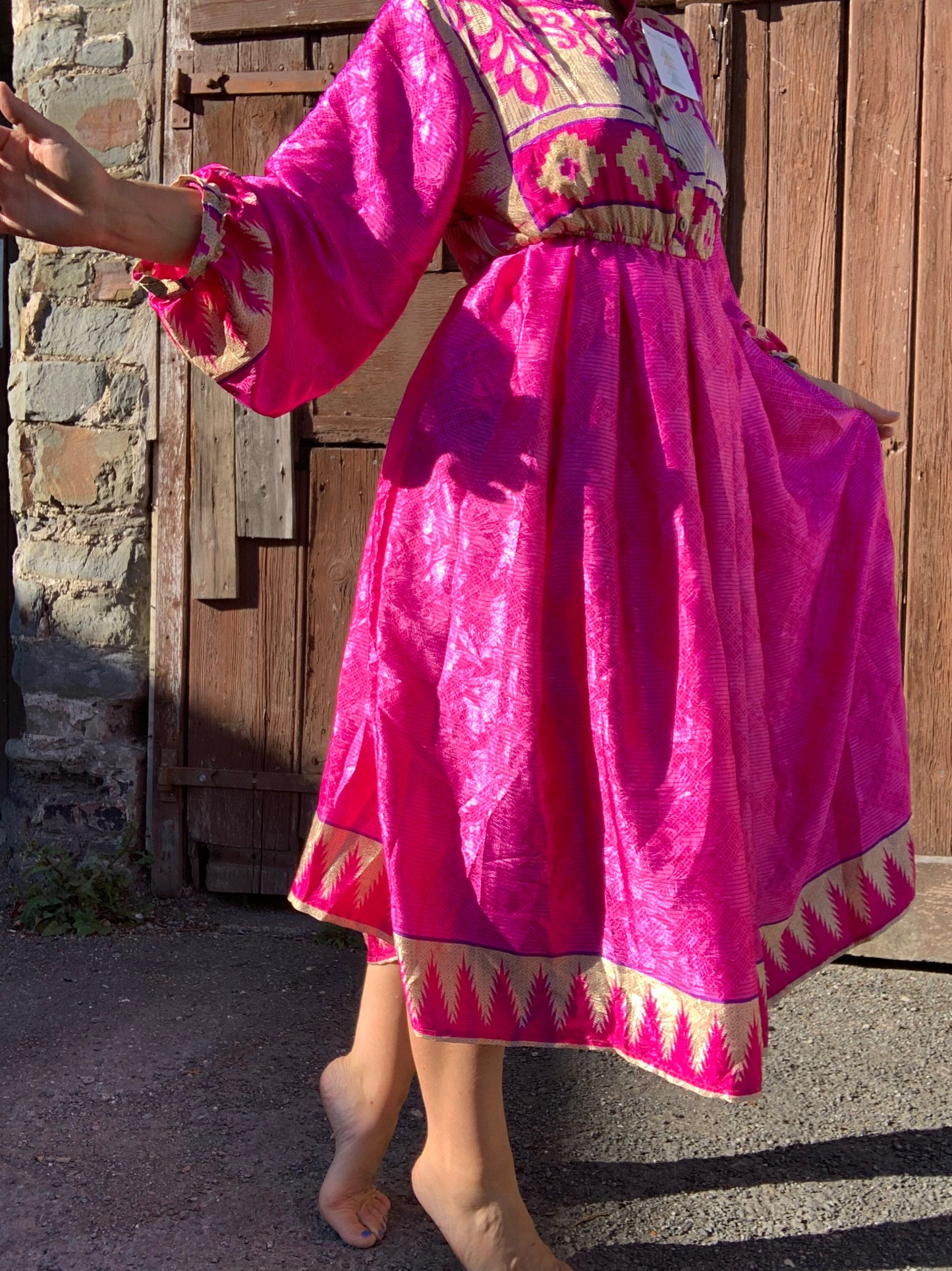 Handmade boho/prairie style silk sari fabric dress
