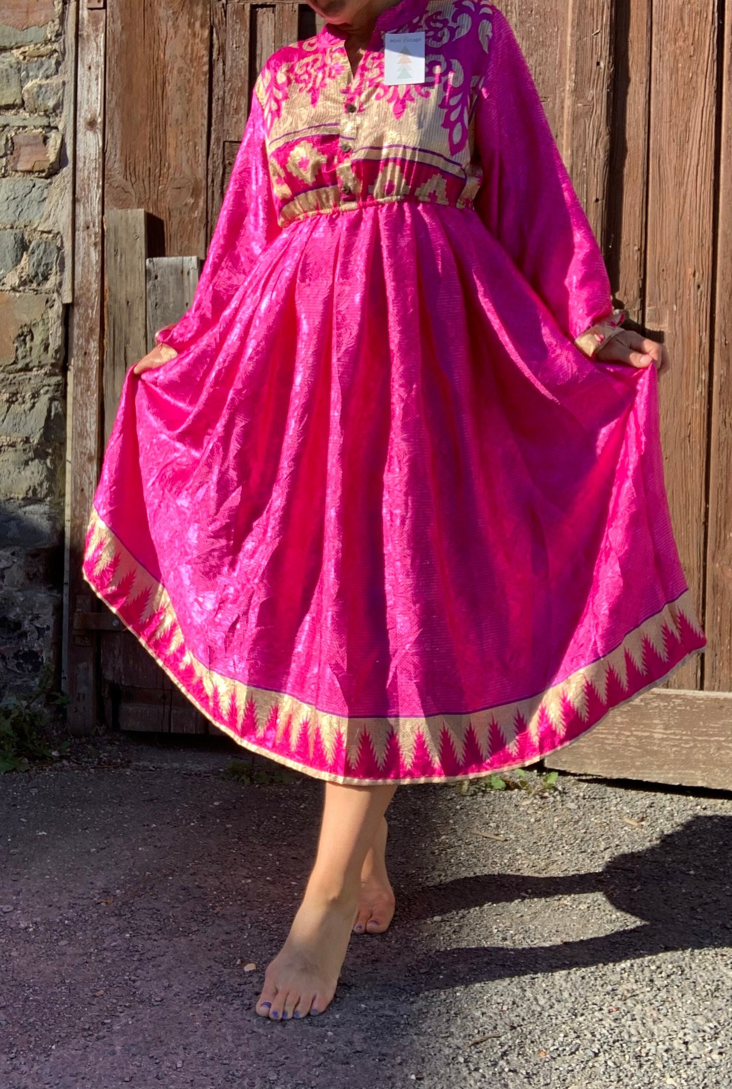 Handmade boho/prairie style silk sari fabric dress