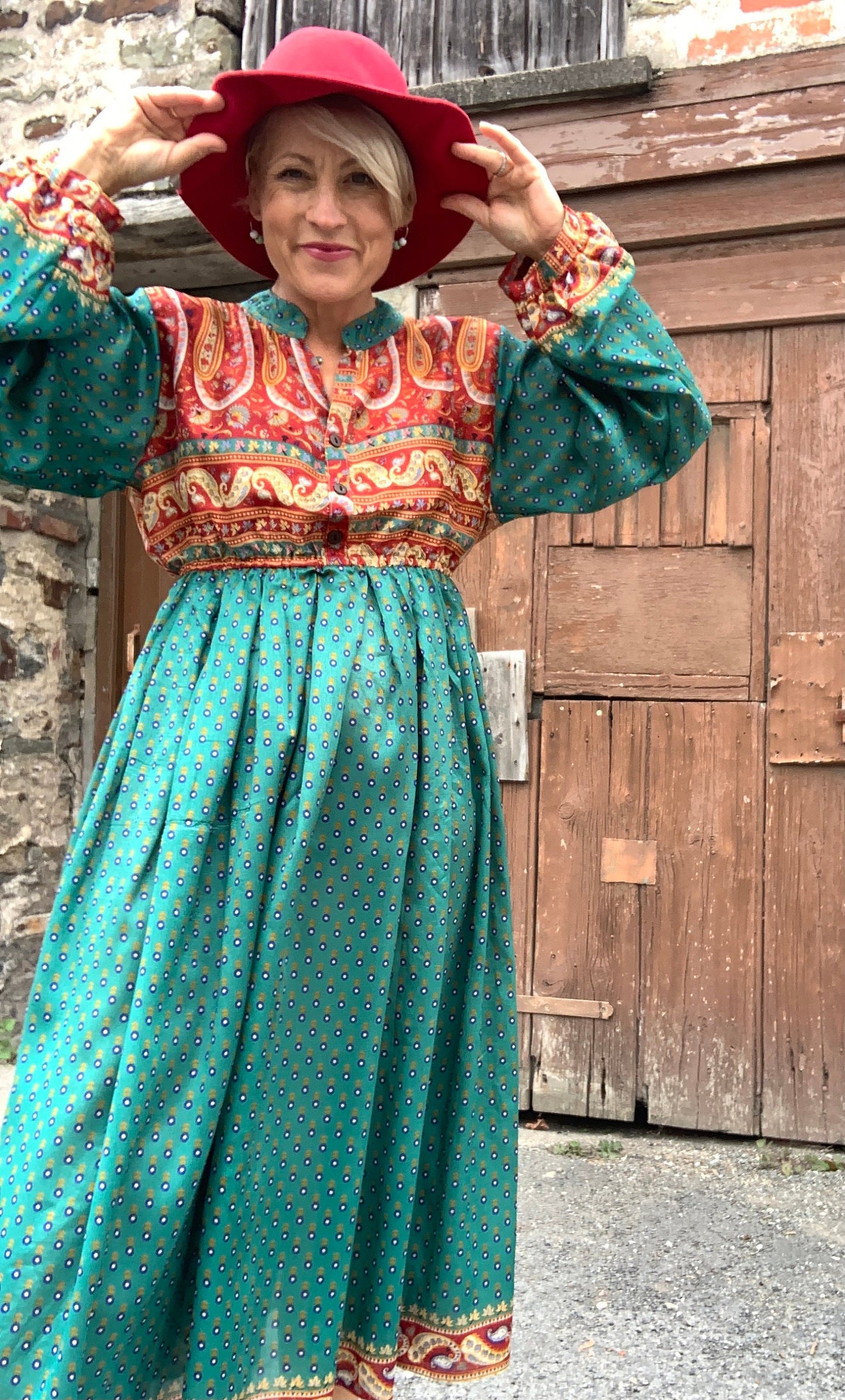 Handmade boho/prairie style silk sari fabric dress