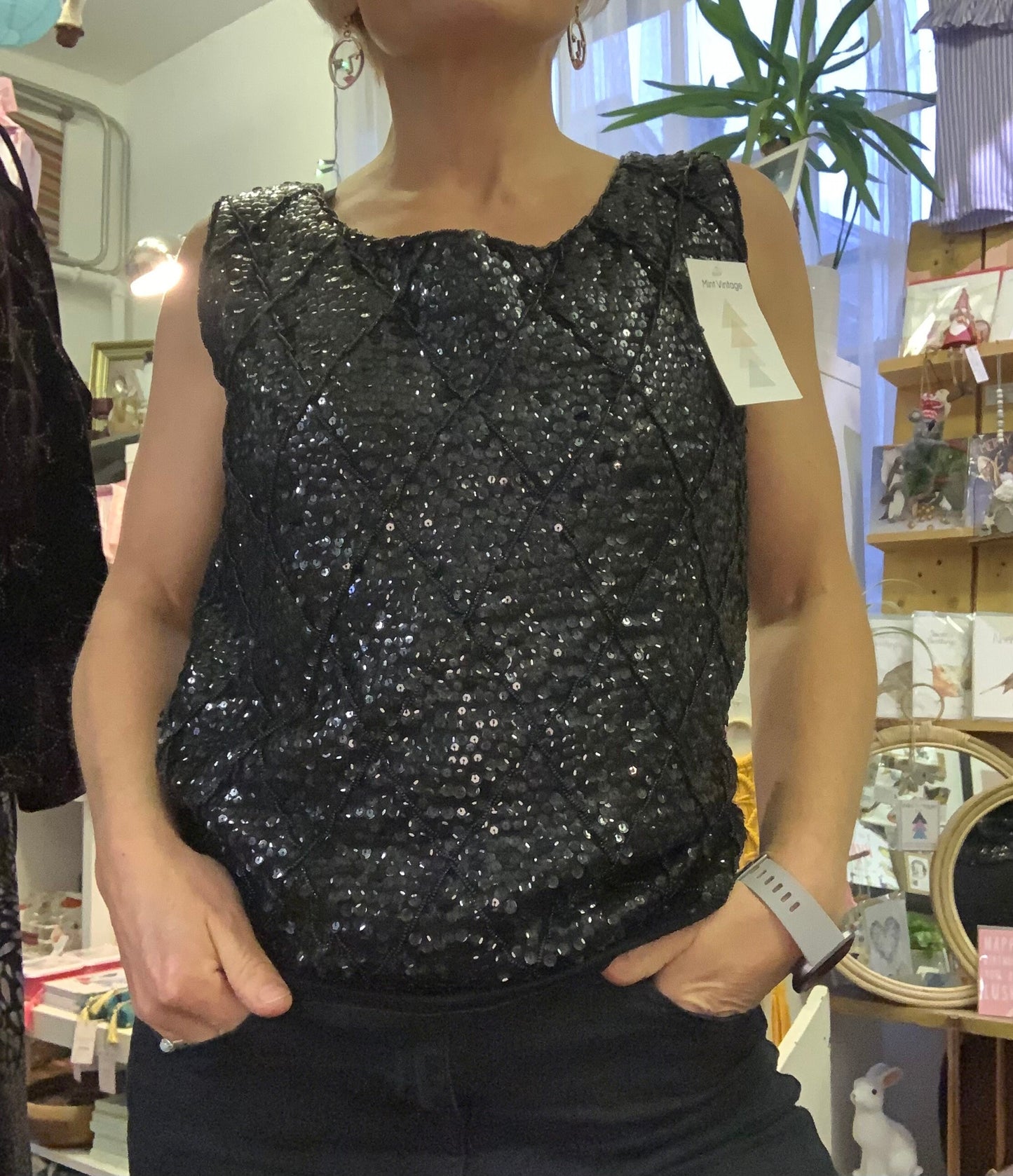 Vintage 1960’s elegant black sequin sleeveless vest top