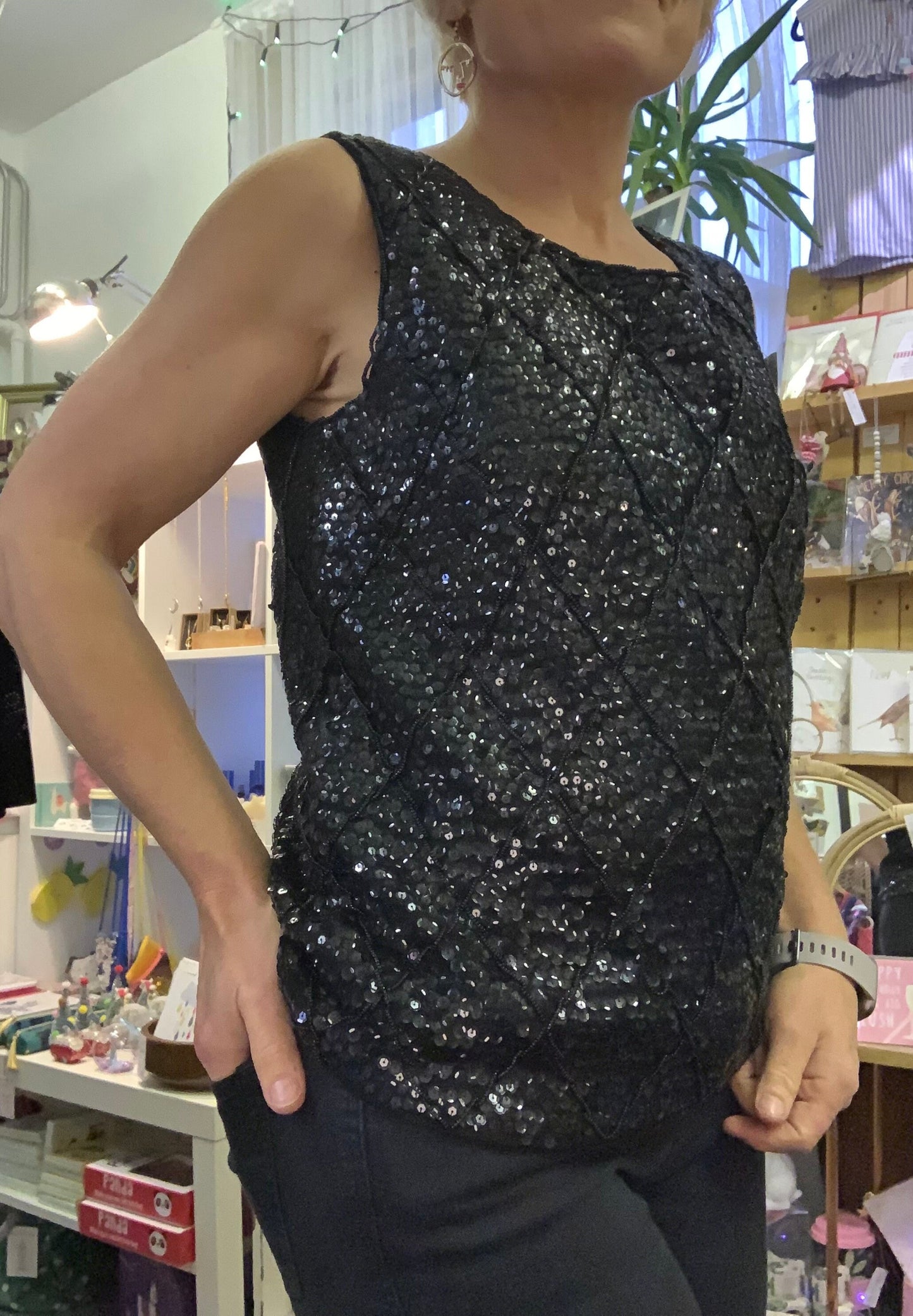 Vintage 1960’s elegant black sequin sleeveless vest top