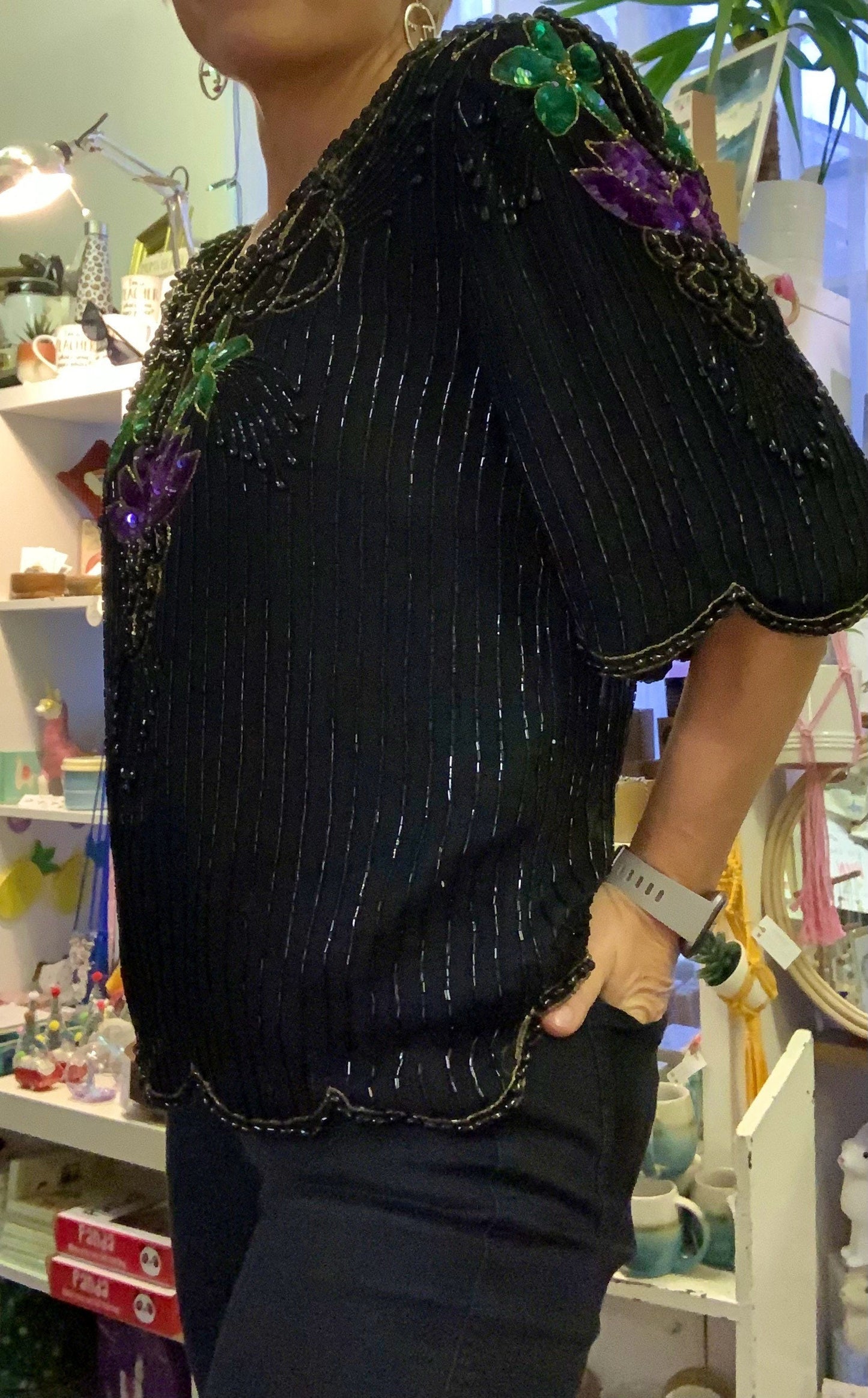 Vintage 1920s art deco style 1980s green/purple sequin and beaded top