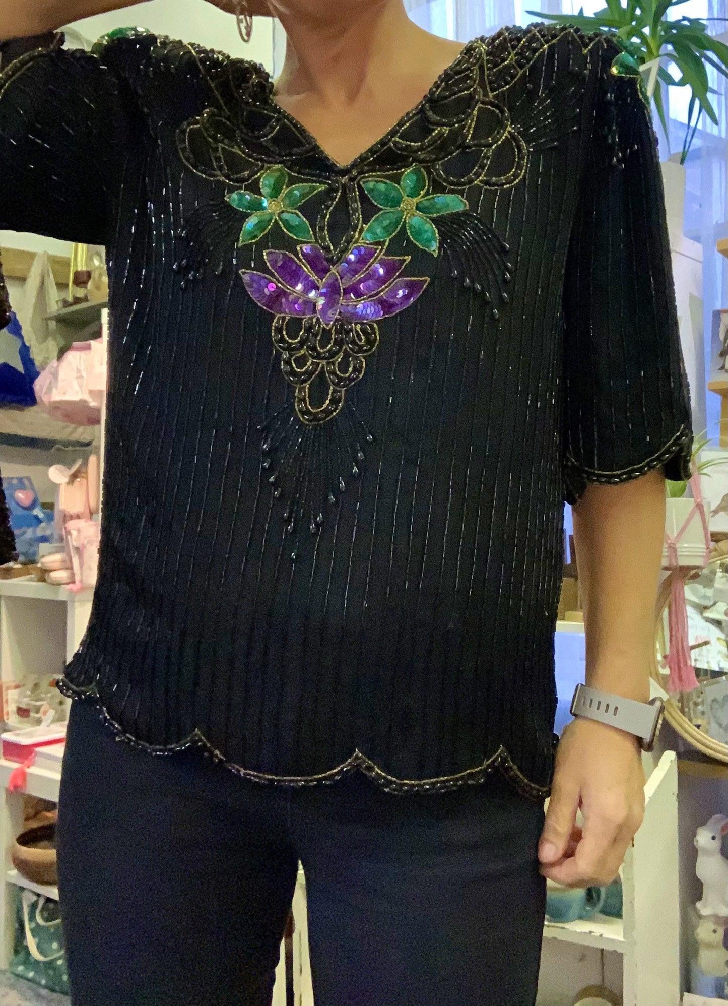 Vintage 1920s art deco style 1980s green/purple sequin and beaded top