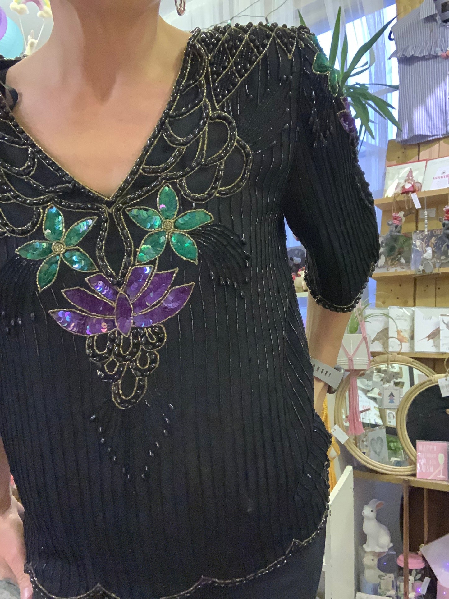 Vintage 1920s art deco style 1980s green/purple sequin and beaded top