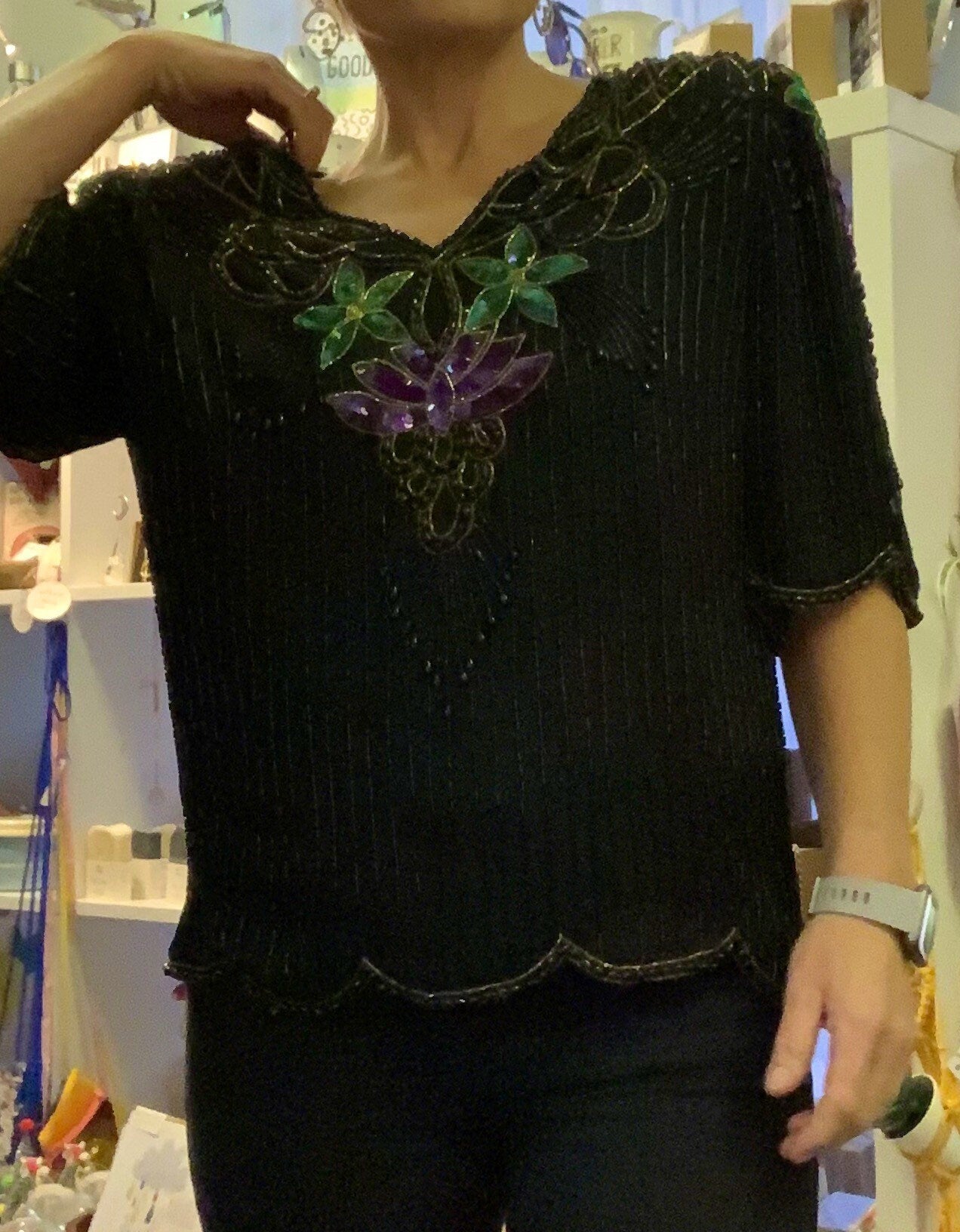 Vintage 1920s art deco style 1980s green/purple sequin and beaded top