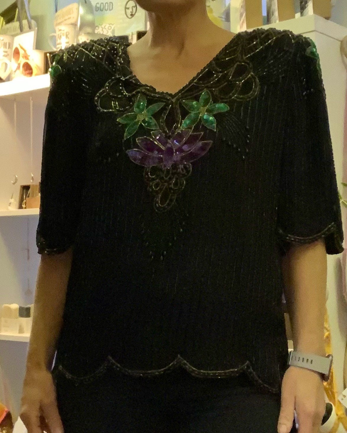 Vintage 1920s art deco style 1980s green/purple sequin and beaded top