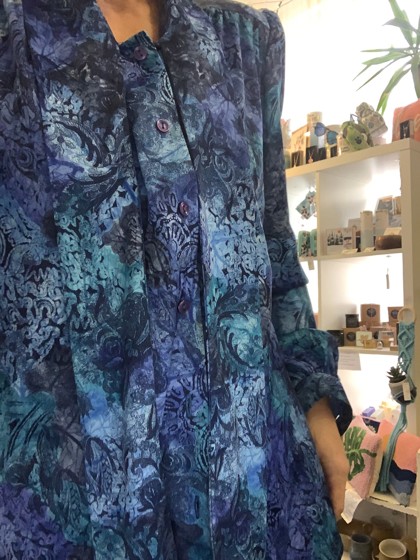 Vintage 1970βs pussy bow blue colour way floral design blouse