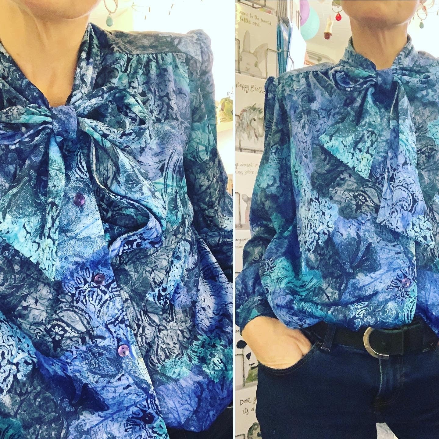 Vintage 1970βs pussy bow blue colour way floral design blouse