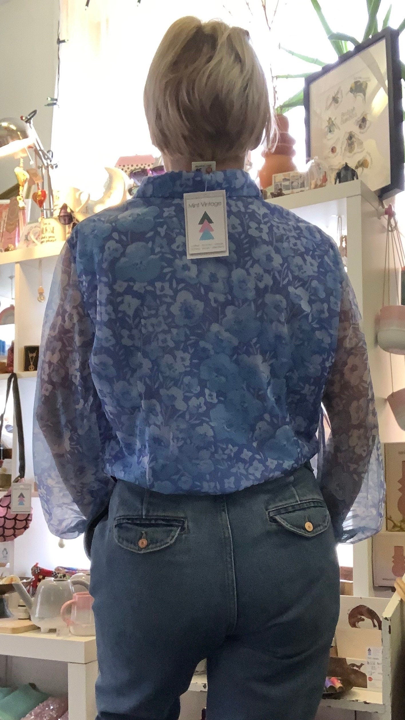 Vintage 1960’s st Michael blue floral balloon sleeve penny collar blouse sz 14