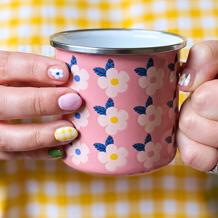Beautiful Colourful Retro Rose Pink Floral Enamel Mug