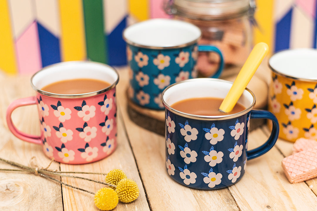 Beautiful Colourful Retro Rose Pink Floral Enamel Mug
