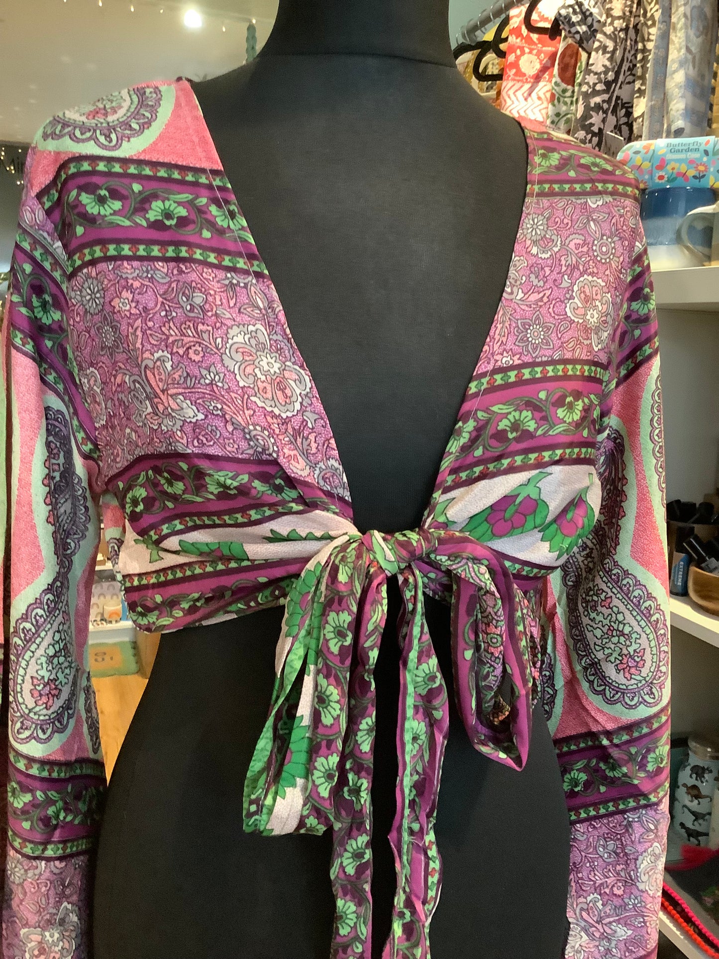 Handmade patterned Indian sari fabric bell sleeve wrap top