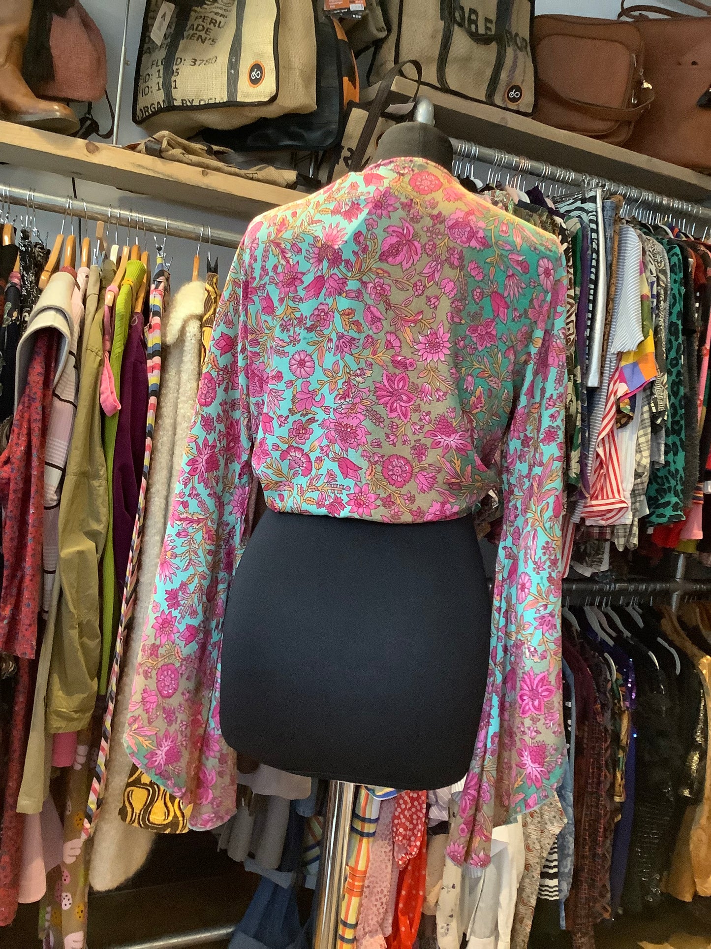 Handmade colourful Indian sari fabric bell sleeve wrap top