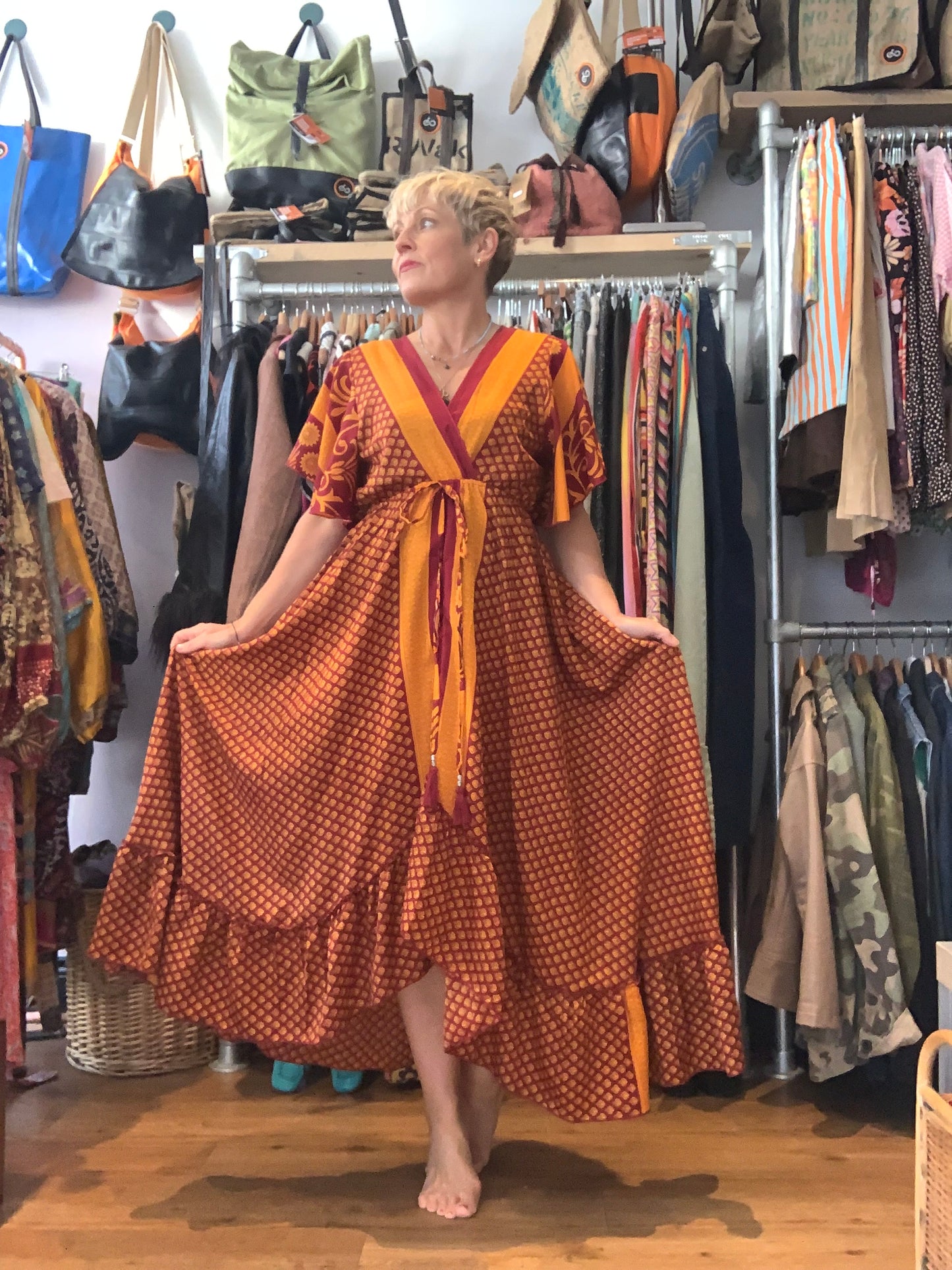 Handmade boho/prairie style silk sari dress