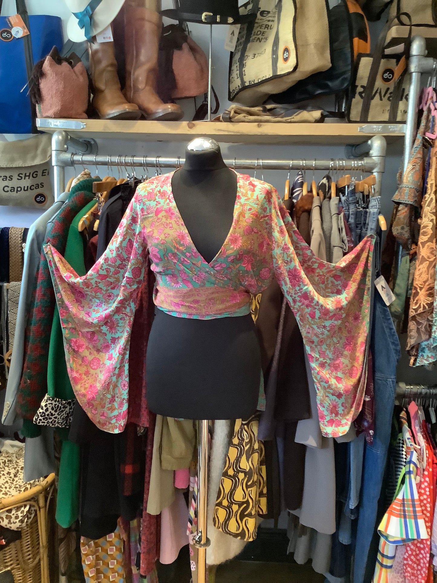 Handmade colourful Indian sari fabric bell sleeve wrap top