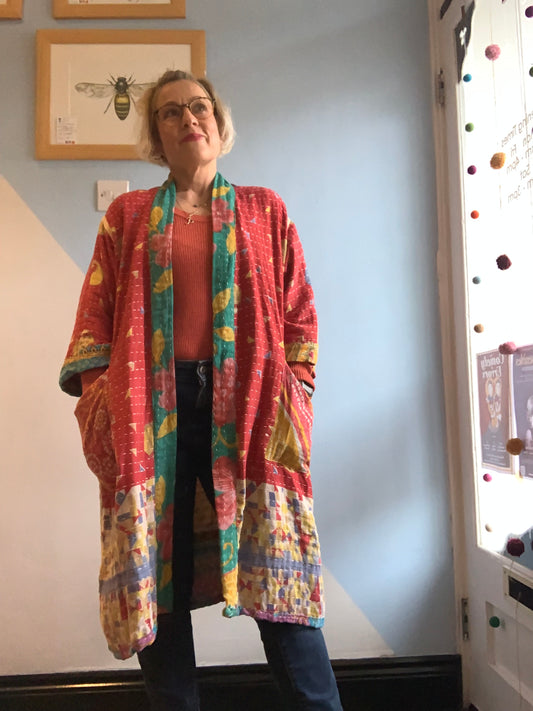 Hand made colourful Indian kantha quilted reversible jacket ~ free size 8-16